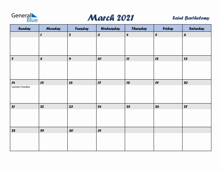 March 2021 Calendar with Holidays in Saint Barthelemy