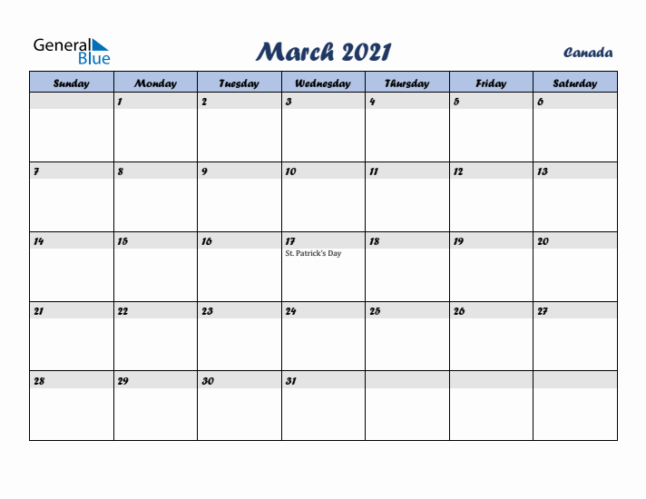 March 2021 Calendar with Holidays in Canada