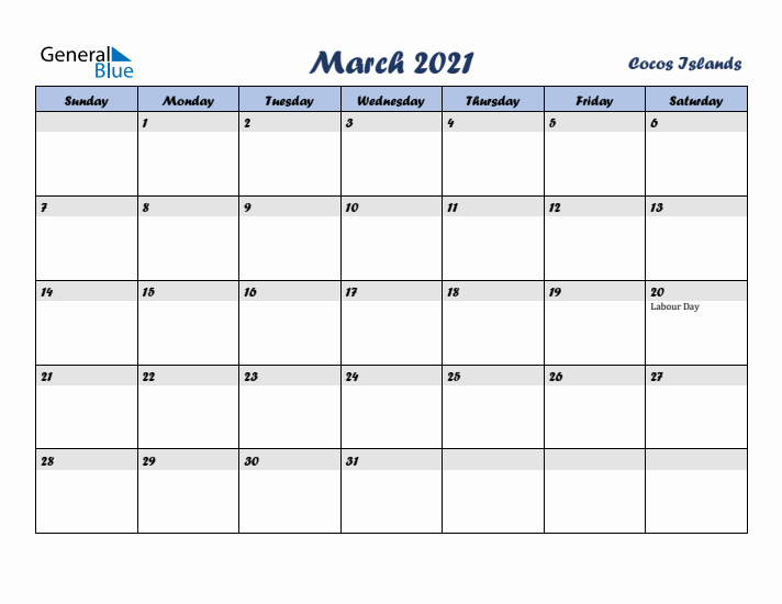 March 2021 Calendar with Holidays in Cocos Islands