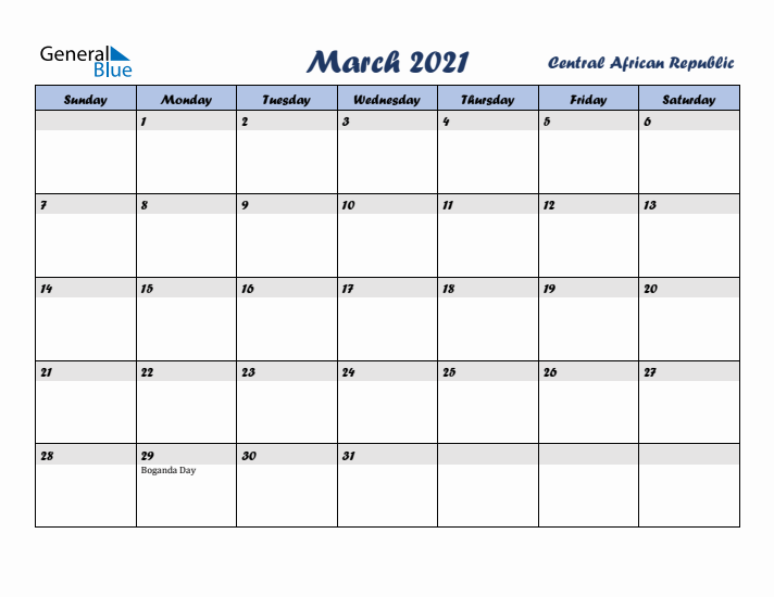 March 2021 Calendar with Holidays in Central African Republic