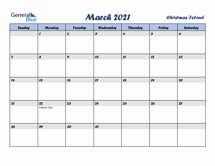 March 2021 Calendar with Holidays in Christmas Island
