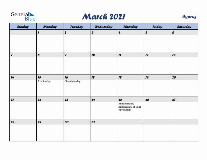 March 2021 Calendar with Holidays in Cyprus