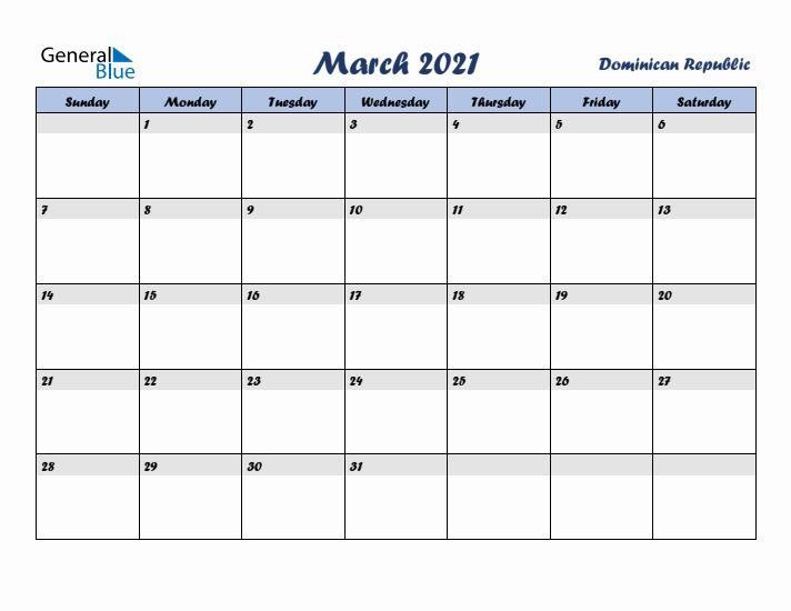 March 2021 Calendar with Holidays in Dominican Republic