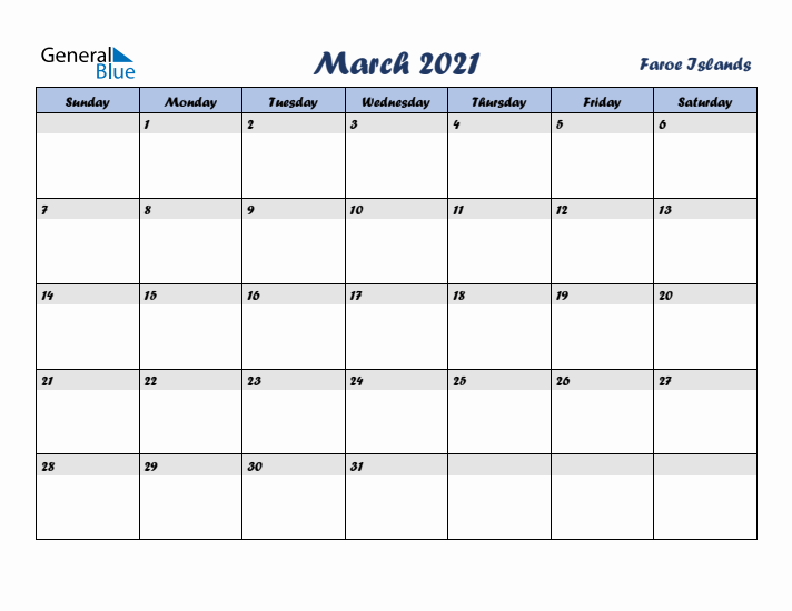 March 2021 Calendar with Holidays in Faroe Islands
