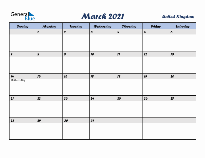 March 2021 Calendar with Holidays in United Kingdom