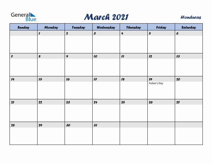 March 2021 Calendar with Holidays in Honduras