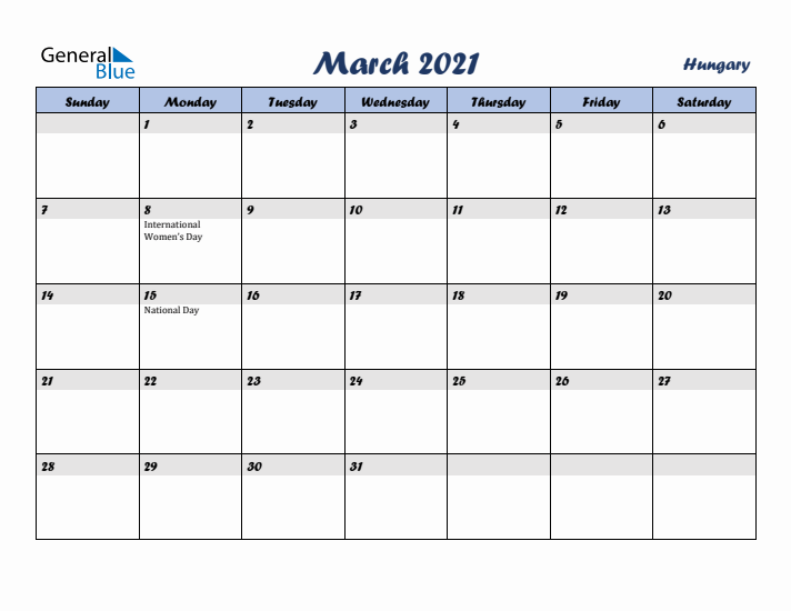 March 2021 Calendar with Holidays in Hungary