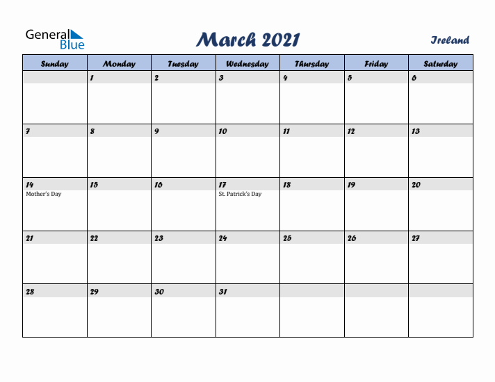 March 2021 Calendar with Holidays in Ireland
