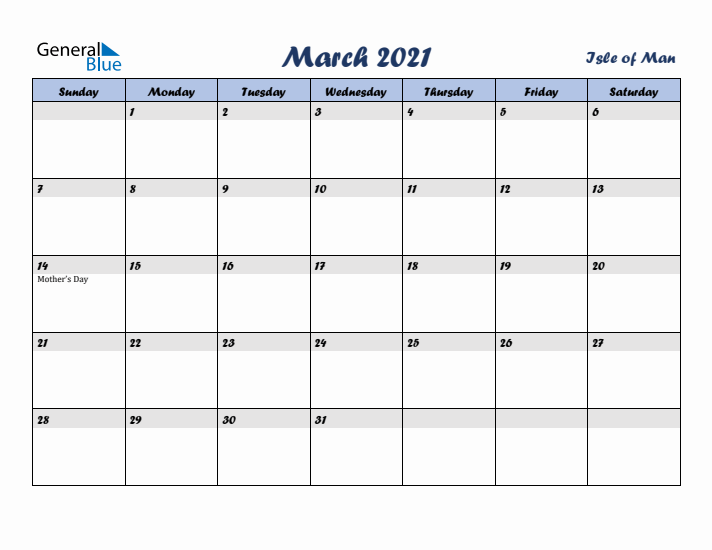 March 2021 Calendar with Holidays in Isle of Man