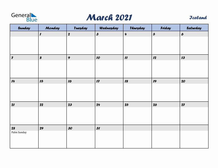 March 2021 Calendar with Holidays in Iceland