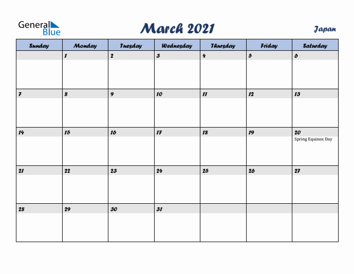 March 2021 Calendar with Holidays in Japan