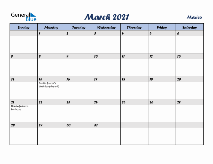 March 2021 Calendar with Holidays in Mexico