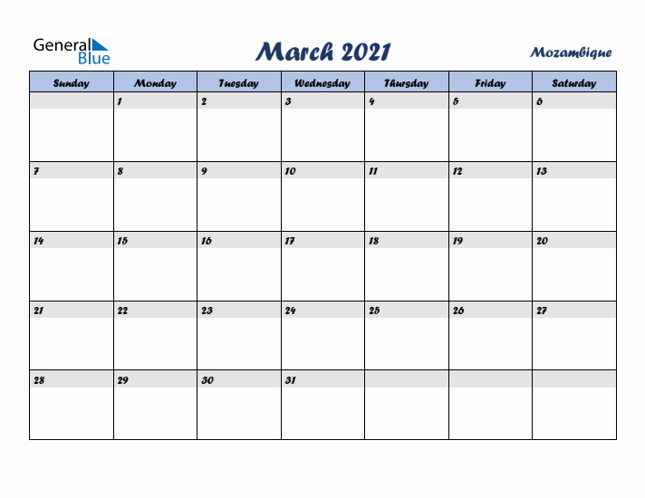 March 2021 Calendar with Holidays in Mozambique