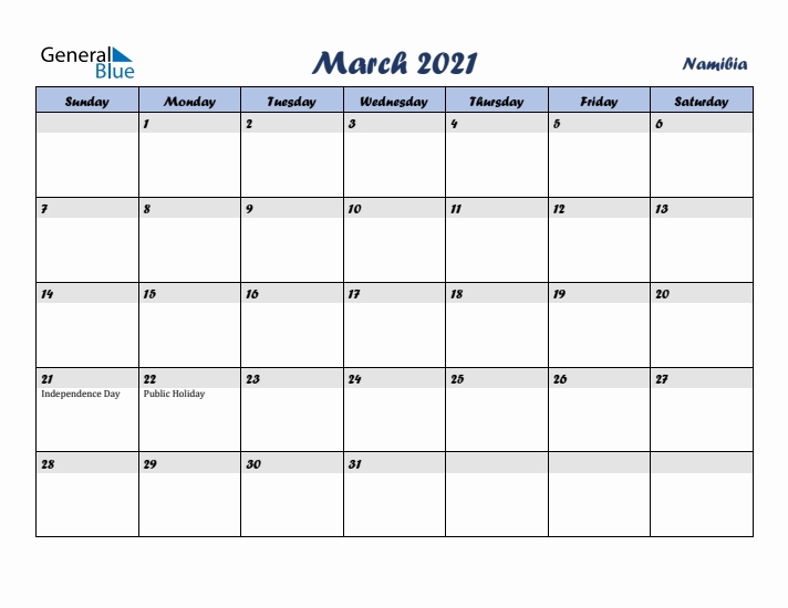 March 2021 Calendar with Holidays in Namibia