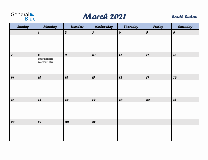 March 2021 Calendar with Holidays in South Sudan