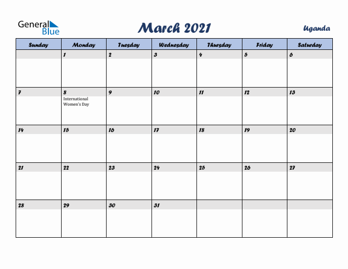 March 2021 Calendar with Holidays in Uganda