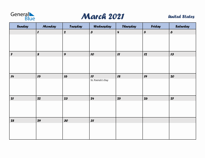March 2021 Calendar with Holidays in United States