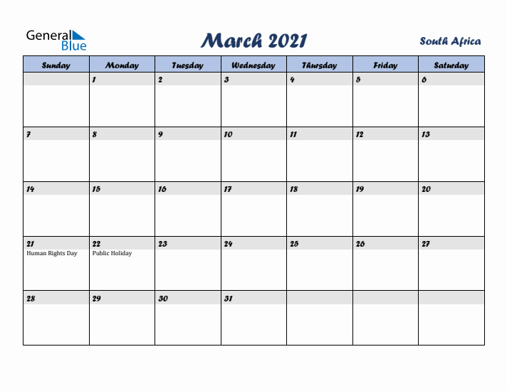 March 2021 Calendar with Holidays in South Africa