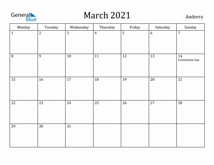 March 2021 Calendar Andorra