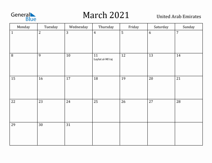 March 2021 Calendar United Arab Emirates