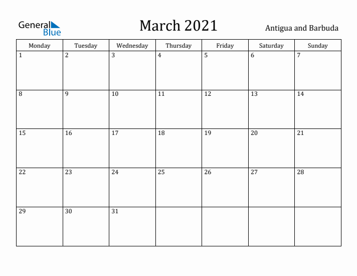 March 2021 Calendar Antigua and Barbuda