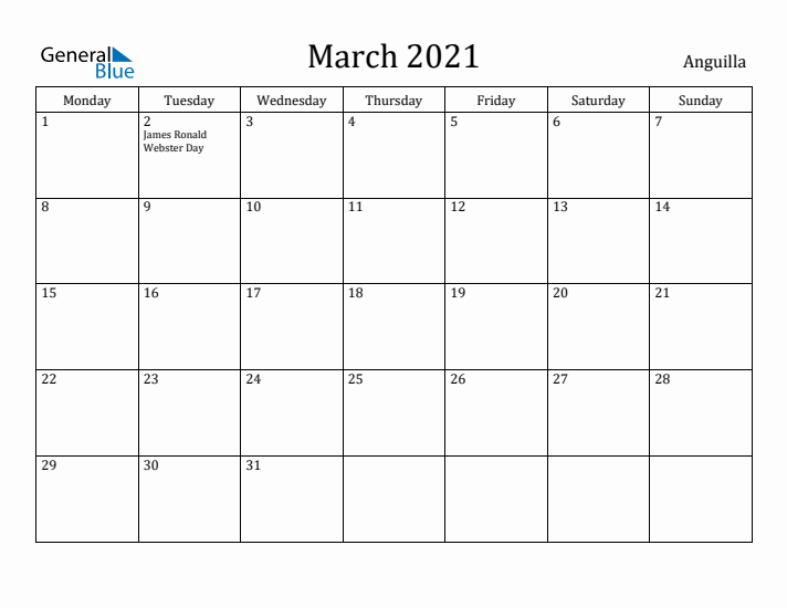 March 2021 Calendar Anguilla