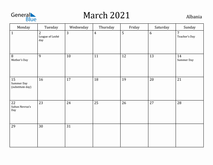 March 2021 Calendar Albania