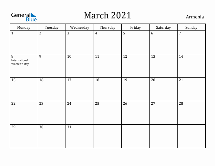 March 2021 Calendar Armenia