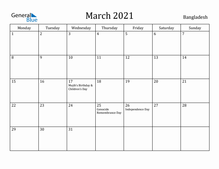 March 2021 Calendar Bangladesh