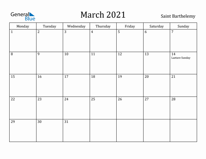 March 2021 Calendar Saint Barthelemy