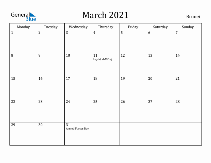 March 2021 Calendar Brunei