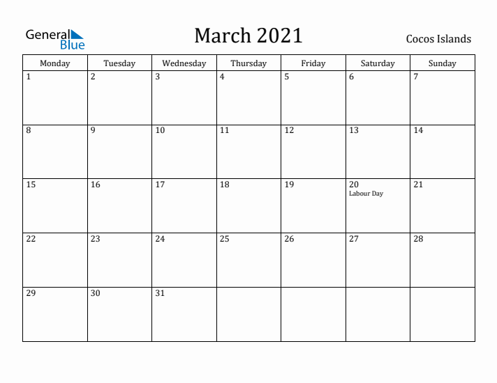 March 2021 Calendar Cocos Islands