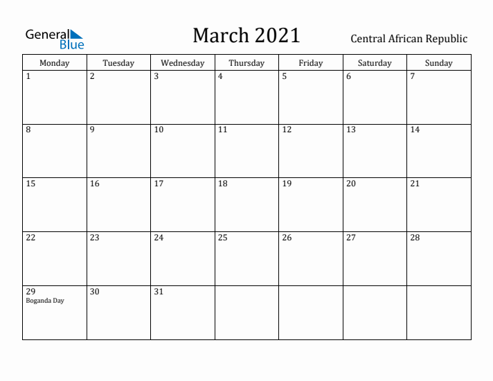 March 2021 Calendar Central African Republic
