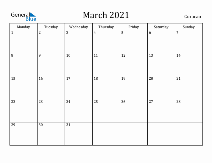 March 2021 Calendar Curacao