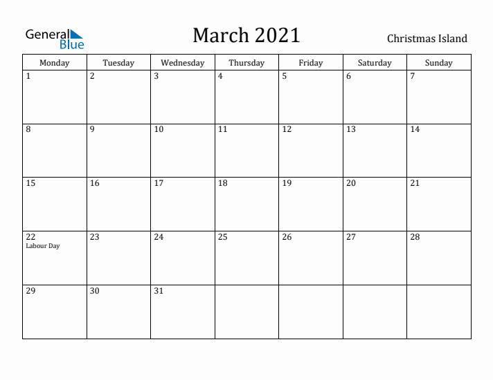 March 2021 Calendar Christmas Island