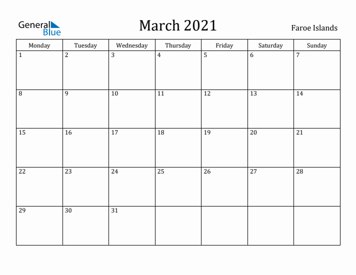 March 2021 Calendar Faroe Islands