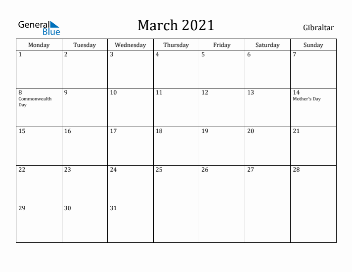 March 2021 Calendar Gibraltar
