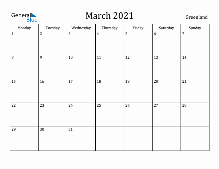 March 2021 Calendar Greenland