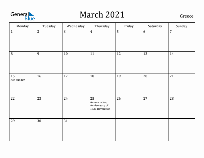 March 2021 Calendar Greece