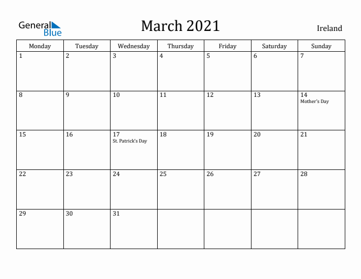 March 2021 Calendar Ireland