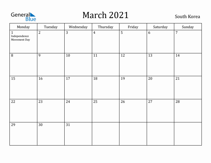 March 2021 Calendar South Korea