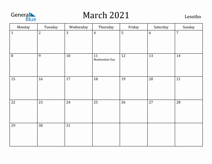 March 2021 Calendar Lesotho
