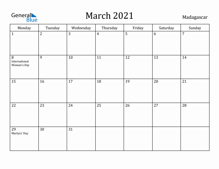 March 2021 Calendar Madagascar