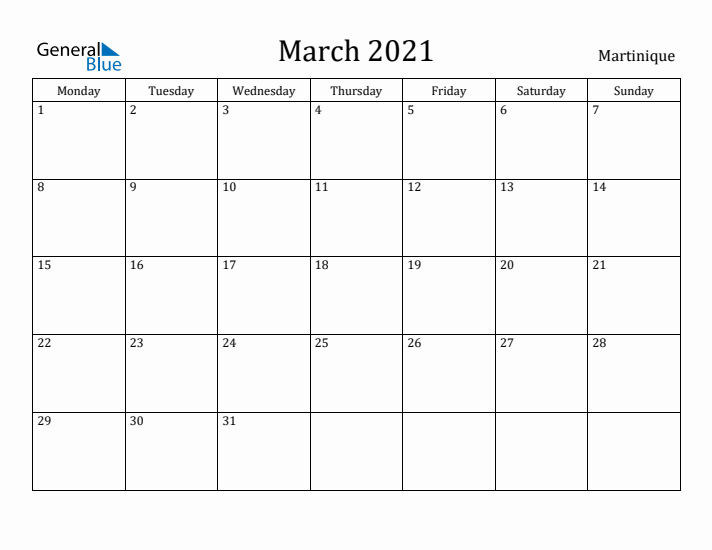 March 2021 Calendar Martinique