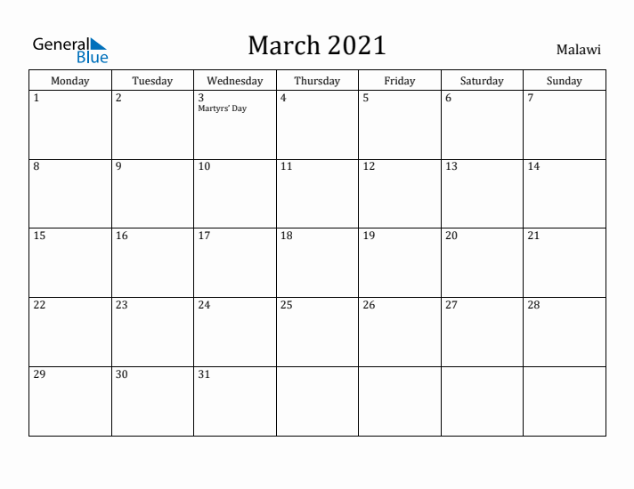 March 2021 Calendar Malawi
