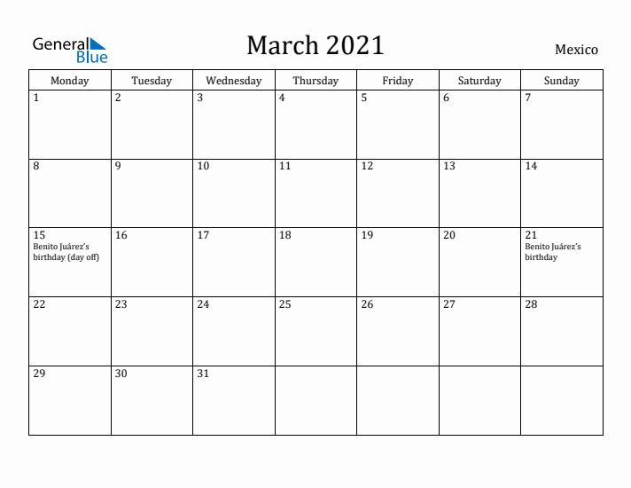 March 2021 Calendar Mexico