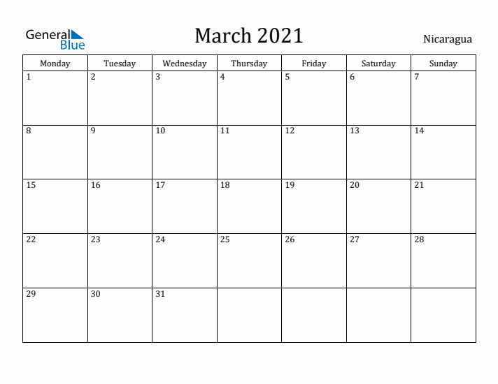 March 2021 Calendar Nicaragua