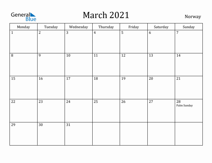 March 2021 Calendar Norway
