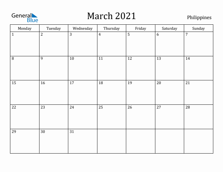 March 2021 Calendar Philippines