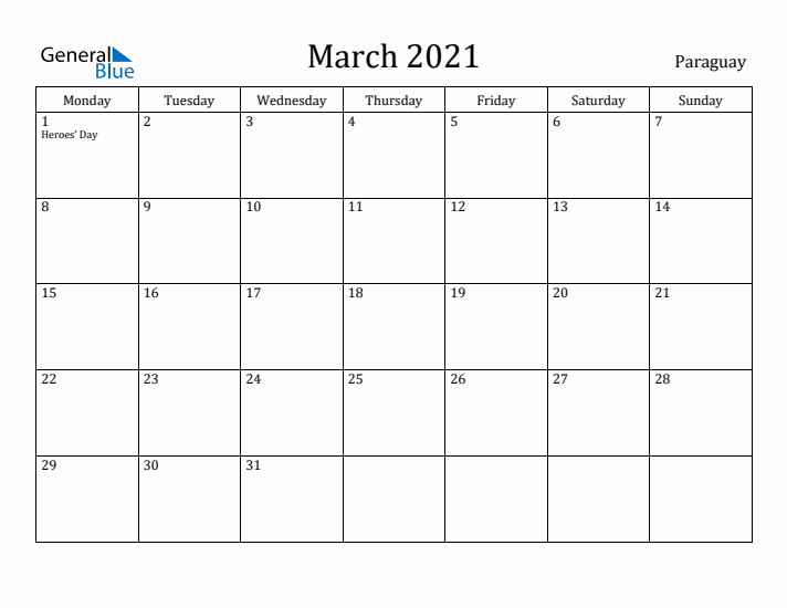 March 2021 Calendar Paraguay